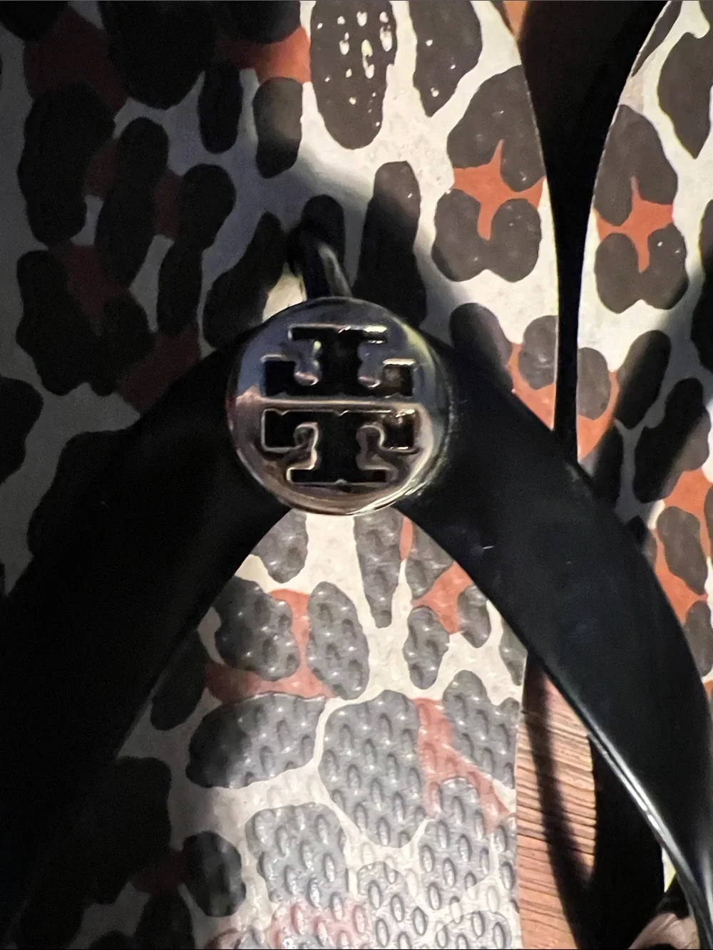 Tory Burch Black Patent Trim Leopard Print Flip Flops